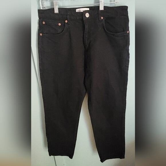 Zara Women's The 90's High Waist Cropped Slim Fit Black Jeans Size‎ 10 - Picture 1 of 8